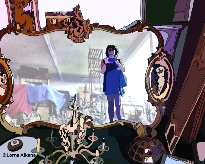 self portrait in furniture store 16x20 drawn light small