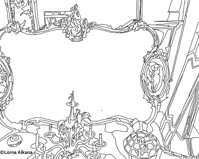 self portrait in furniture store 16x20 small line drawing