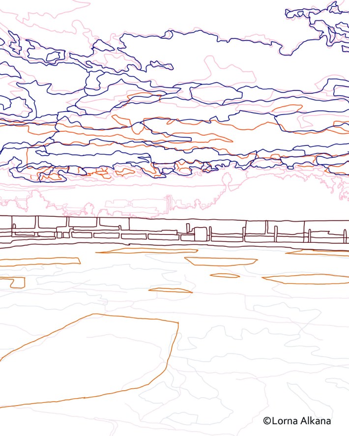 sunset ship 16x20 small line drawing