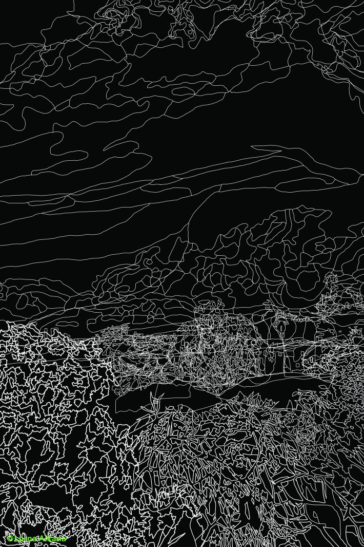 trees and houses in front of clouds and the sky 20x30 for web lines