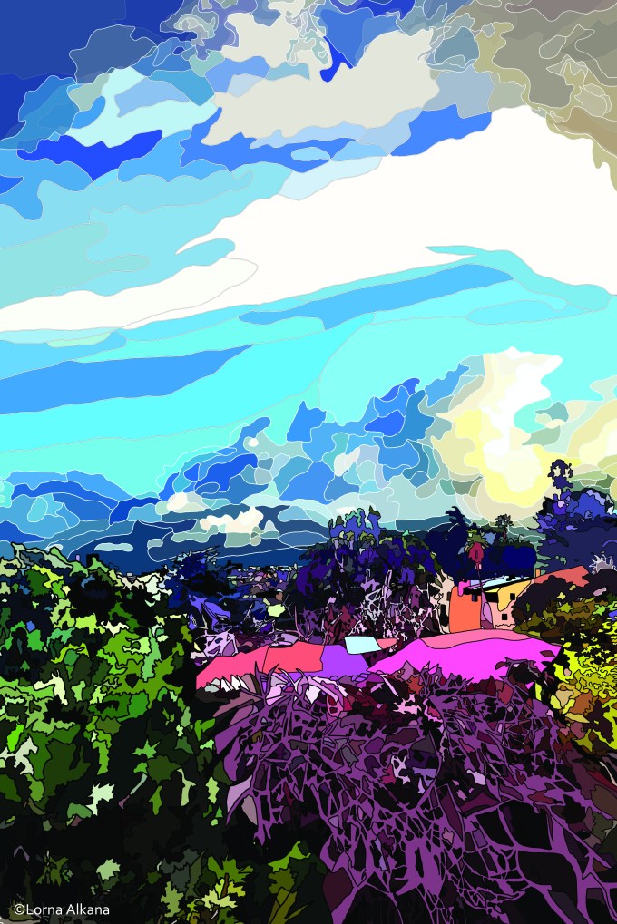 trees and houses in front of clouds and the sky 20x30 for web